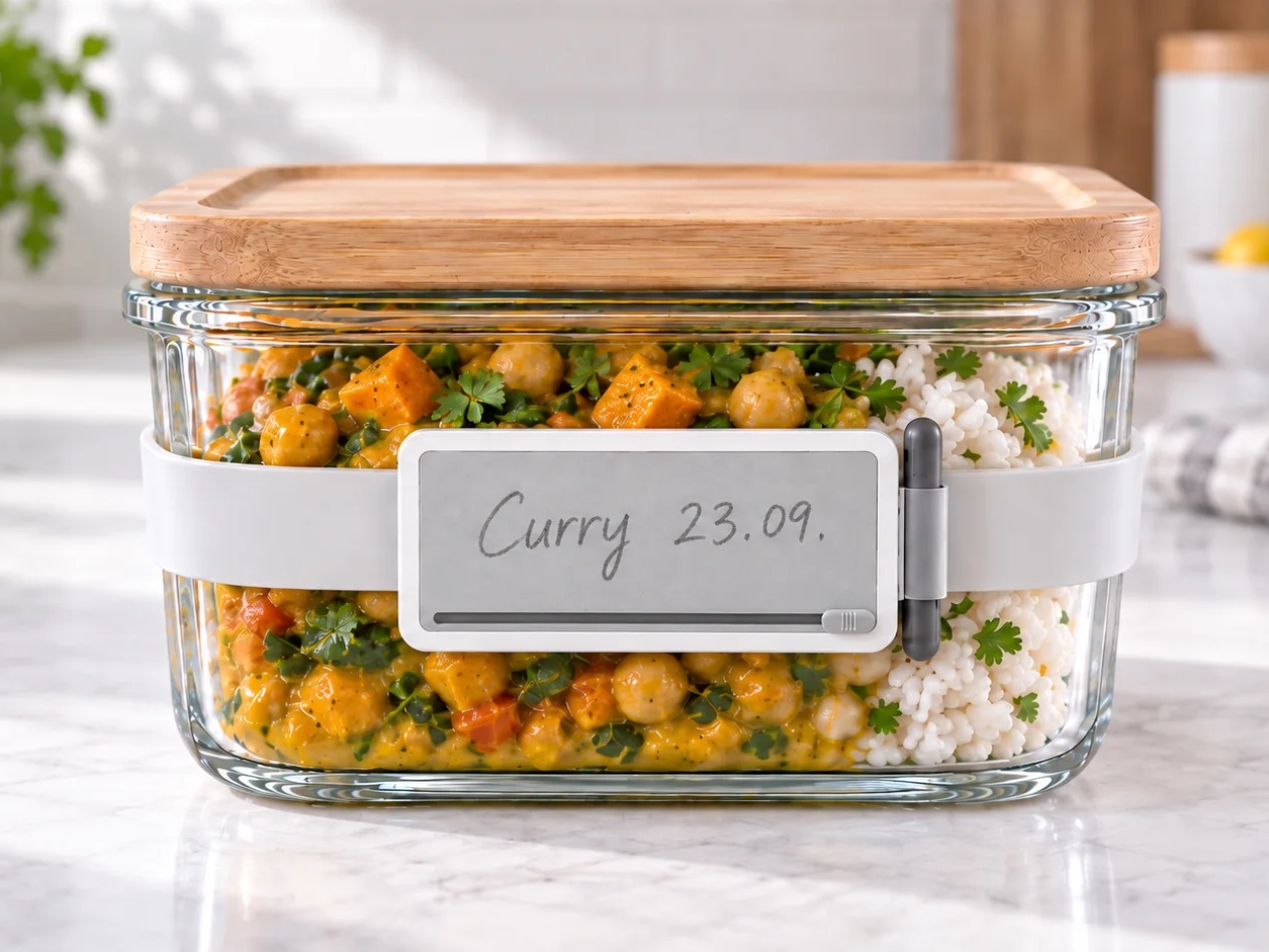 A glass meal-prep container with a Wraptag strapped around it, the label reading &lsquo;Curry 23.09.&rsquo; in handwriting