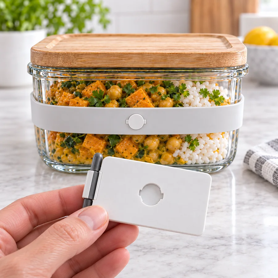 The detached Wraptag plate with its twist-mount opening, held in front of the container; the strap and its mounting stud stay on the container