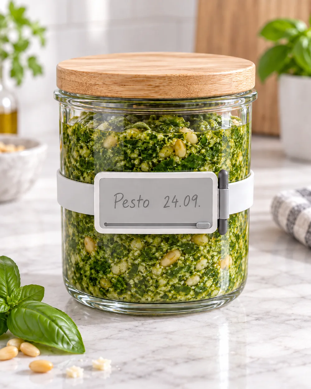 A round glass jar of homemade pesto with a Wraptag around it, the label reading &lsquo;Pesto 24.09.&rsquo;