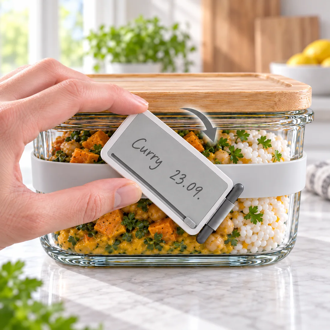 A hand giving the Wraptag a quarter-turn to release it from the strap on a glass container